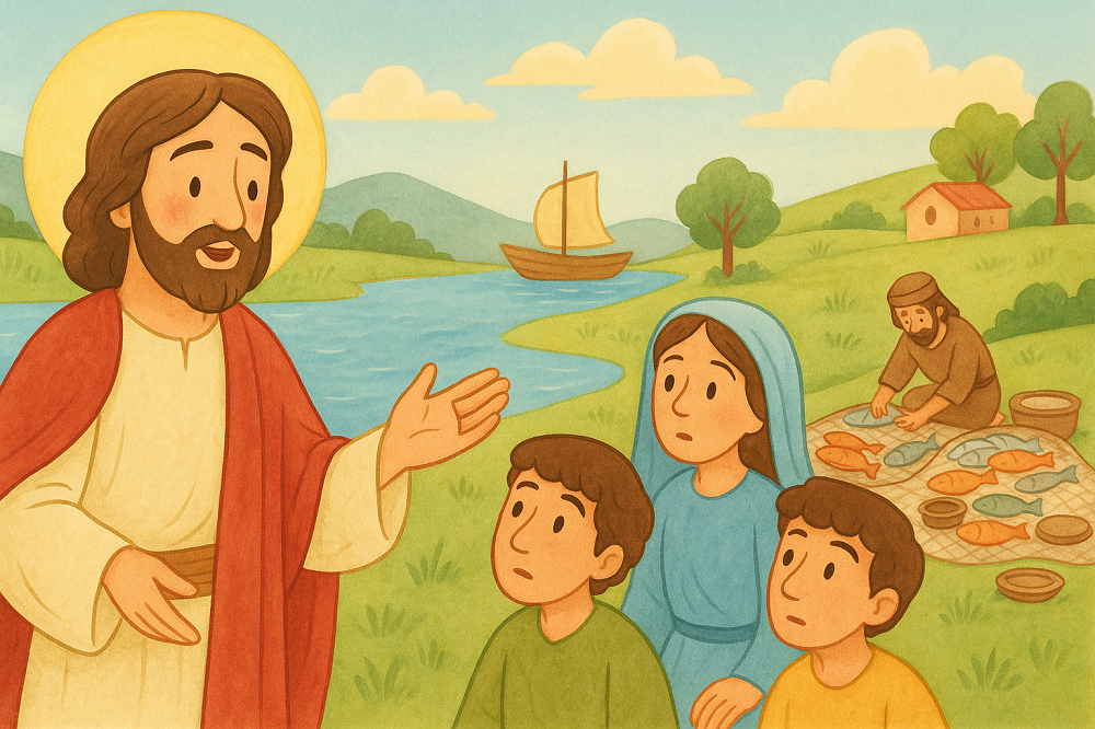Isus poučava prispodobu o mreži; stoji u prvom planu s aureolom i raširenom rukom, dok troje ljudi pažljivo sluša. U pozadini ribar sortira ribe na mreži, a rijeka i jedrenjak na vodi stvaraju mirnu, pastoralnu atmosferu.