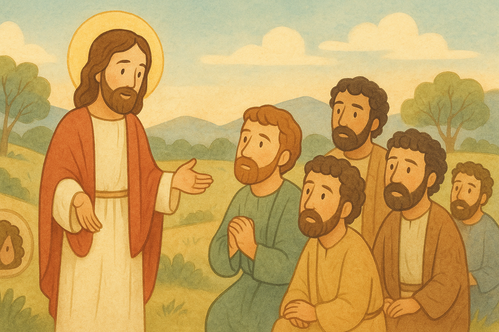 Isus razgovara s učenicima, među njima Petar kleči i gleda ga s poštovanjem; oko njih se prostiru brežuljci i vedro nebo.
