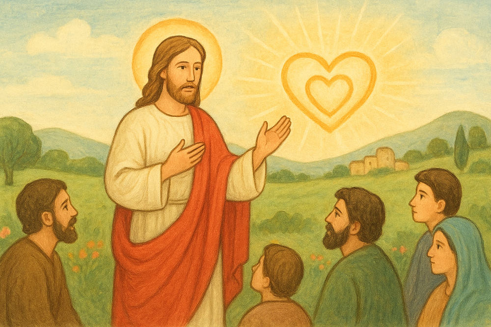 Isus s aureolom i crvenim ogrtačem poučava farizeje i učenike, dok u pozadini svijetle dva zlatna srca isprepletena svjetlom.