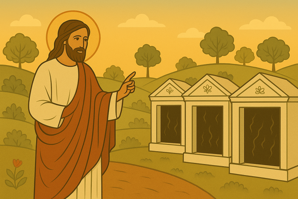 Isus u bijeloj haljini s crvenim plaštem stoji na brežuljku i gestikulira prema nizu ukrašenih, obijeljenih grobova. Grobovi izvana izgledaju čisto i blistavo, dok je njihov unutrašnji dio sjenovit i tamniji, simbolizirajući nečistoću iznutra.