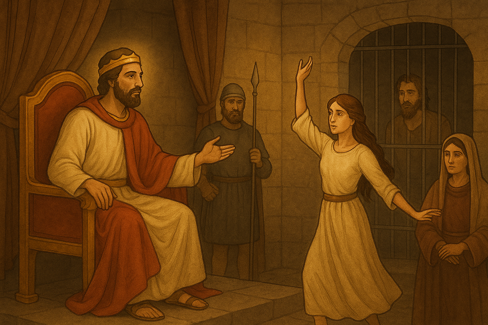 Herod na prijestolju promatra djevojku koja pleše; Herodijada stoji uz njega, a stražar s mačem čeka; u pozadini u tamnici vidi se Ivan Krstitelj.